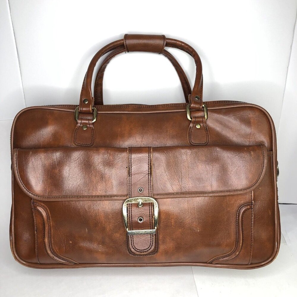 Vintage Sears Briefcase Carry-on Brown Travel Bag Luggage Faux Leather 21”x12.5”
